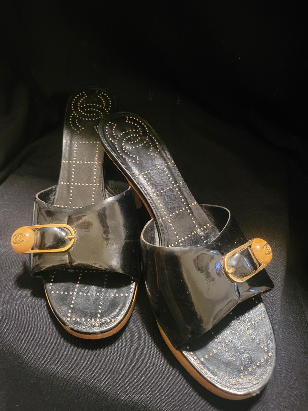 Chanel Patent Leather Slide Sandals with Gold Buckle